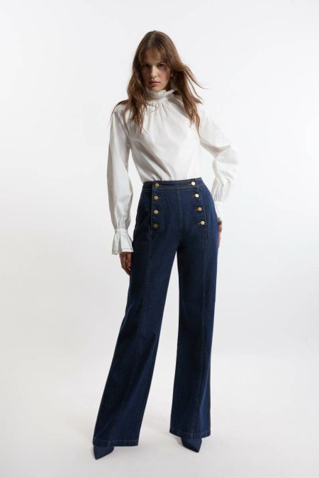Women Denim Tailored Button Front Straight Leg Jeans Tailoring Karen Millen Mid Blue