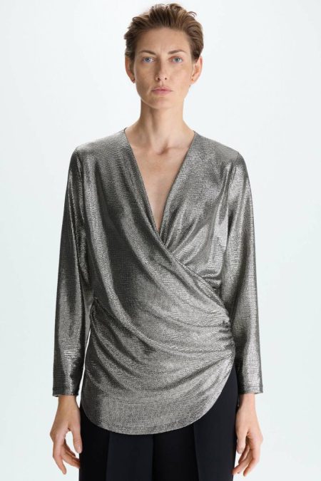 Women Draped Metallic Wrap Fitted Top Purificacion Garci Evening Gold/Black