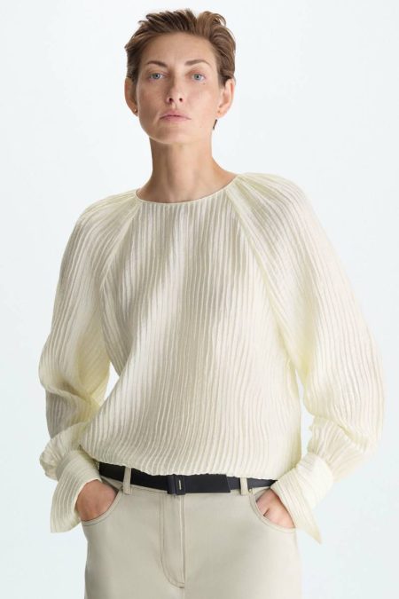 Women Ecru Shirts Adjustable Hem Crinkle Oversize Blouse Purificacion Garci