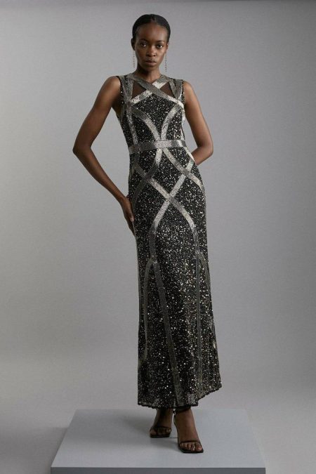 Women Embellished And Beaded Woven Maxi Dress Karen Millen Tailoring Black
