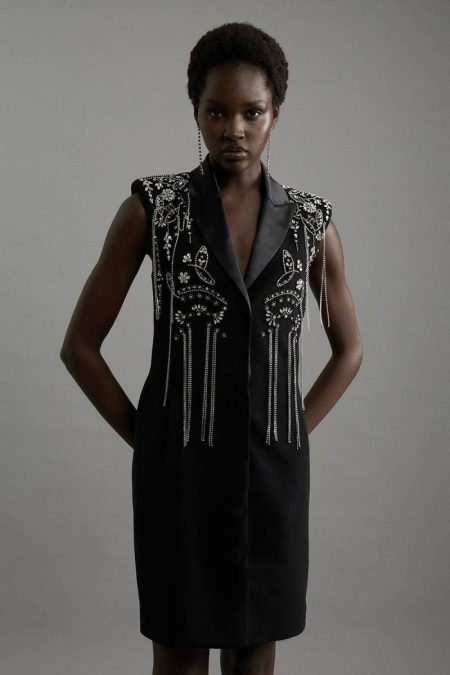 Women Embellished Detail Plunge Collar Woven Mini Dress Tailoring Black Karen Millen