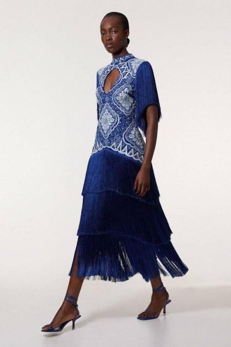 Women Embellished Fringe Woven Maxi Dress Karen Millen Maxi Dresses Navy