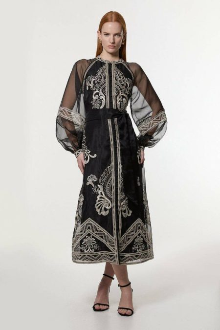 Women Embroidered Organdie Balloon Sleeve Woven Maxi Dress Karen Millen Black Maxi Dresses