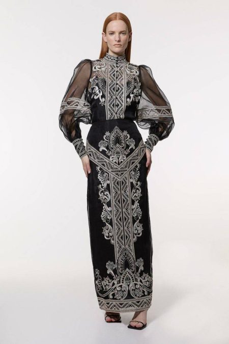 Women Embroidered Organdie Woven Midi Skirt Karen Millen Black Tailoring