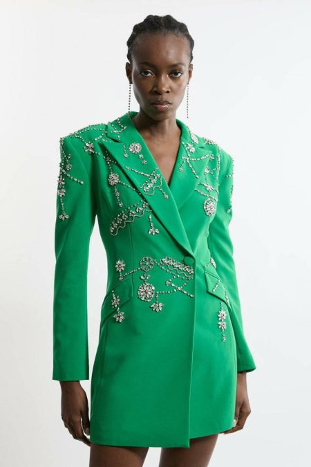 Women Emerald Tailoring Tall Crystal Embelished Cady Blazer Woven Mini Dress Karen Millen