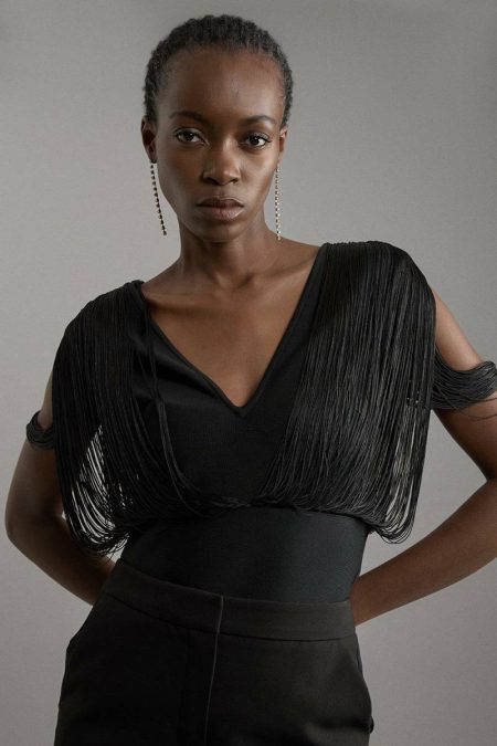 Women Figure Form Bandage Knit Fringe Detail Top Tailoring Karen Millen Black
