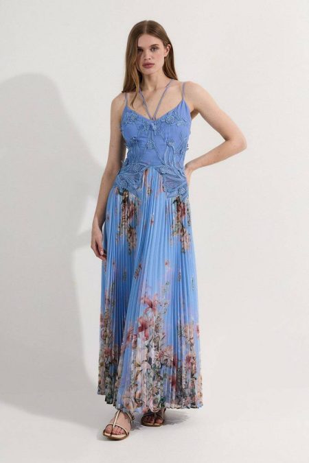 Women Floral Applique Lace Pleated Strappy Maxi Dress Karen Millen Floral Maxi Dresses