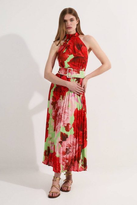 Women Floral Halter Neck Pleated Midi Dress Floral Karen Millen Midi Dresses