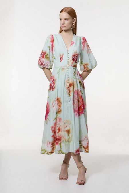 Women Floral Karen Millen Maxi Dresses Silk Cotton Trailing Floral Puff Sleeve Midi Dress