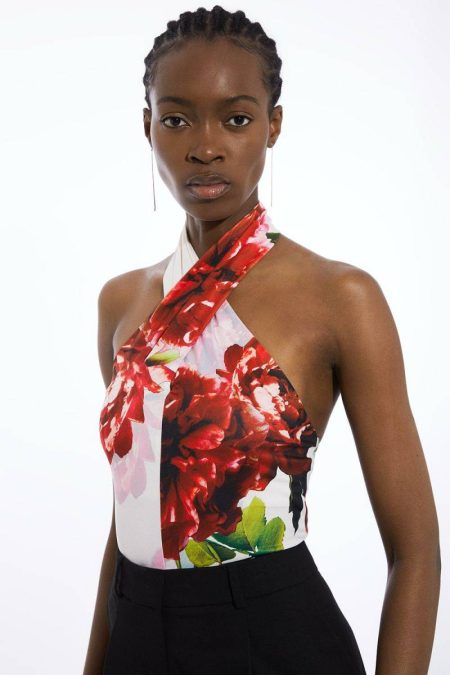 Women Floral Karen Millen Rose Print Cross Neck Drapey Crepe Jersey Bodysuit Tops