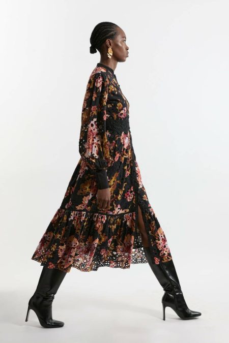 Women Floral Printed Eyelet Woven Midi Dress With Guipure Trim Karen Millen Tailoring