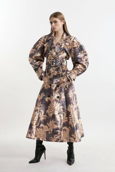 Women Floral Tailoring Petite Metallic Floral Tailored Trench Maxi Coat Karen Millen