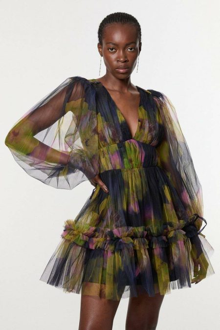 Women Floral Tulle Plunge Woven Mini Dress Purple Karen Millen Mini Dresses