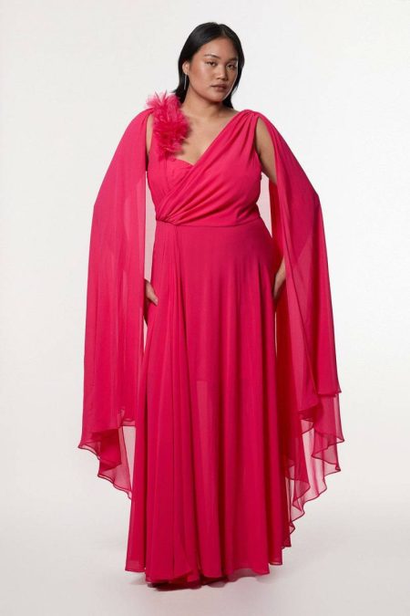 Women Fuchsia Karen Millen Plus Size Georgette Pleated Bustier Cape Back Woven Maxi Dress Maxi Dresses
