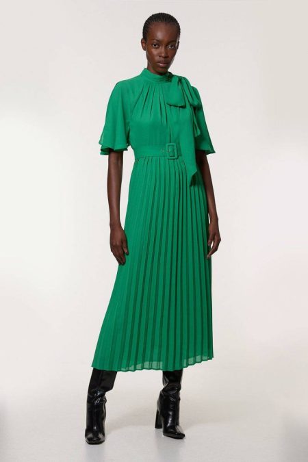 Women Georgette Pleated Tie Neck Woven Midi Dress Midi Dresses Green Karen Millen