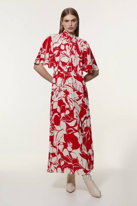 Women Georgette Tie Neck Pleated Woven Maxi Dress Karen Millen Tailoring Red