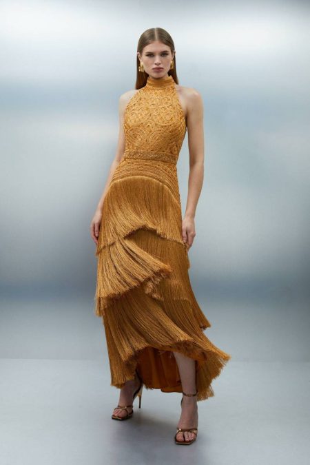 Women Gold Maxi Dresses Petite Fringed Beaded Halter Neck Woven Maxi Dress Karen Millen