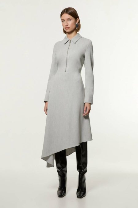 Women Grey Marl Petite Technical Crepe Tailored Metal Zip Detail High Low Midi Dress Tailoring Karen Millen