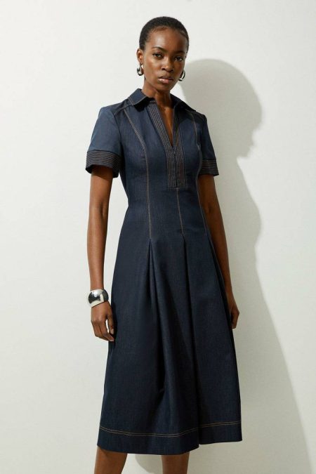 Women Indigo Maxi Dresses Karen Millen Tailored Denim Full Skirted Midi Shirt Dress