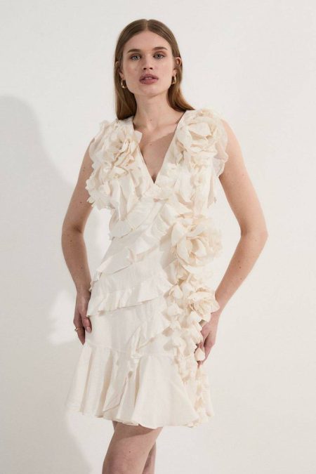 Women Ivory Embellished Ruffle Woven Mini Dress Karen Millen Mini Dresses