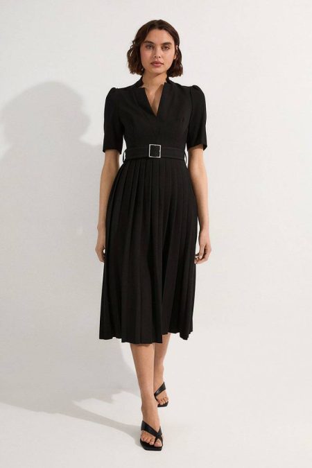 Women Ivory Forever Dresses Karen Millen Petite Tailored Structured Crepe Forever Pleat Midi Dress