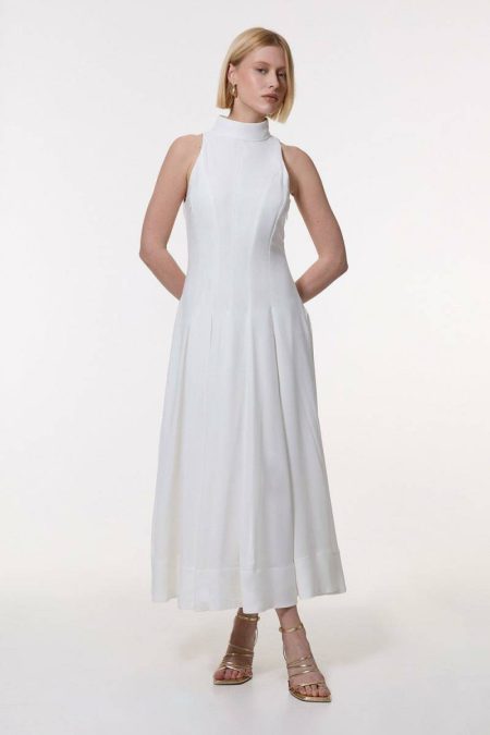 Women Ivory Karen Millen Petite Halter Neck Pleated Woven Maxi Dress Maxi Dresses