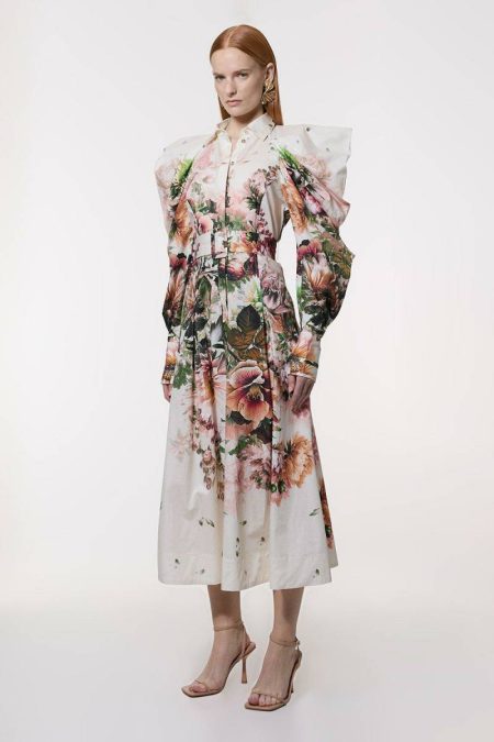 Women Ivory Karen Millen Placed Floral Cotton Sateen Midi Dress Midi Dresses