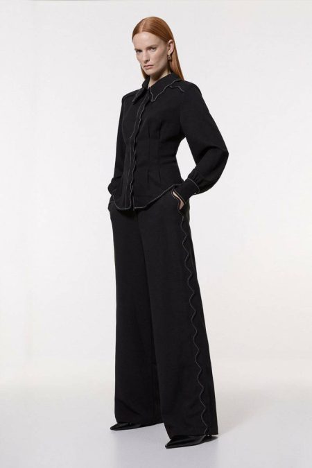 Women Ivory Scallop Trim Woven Crepe Pants Tailoring Karen Millen