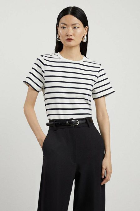 Women Ivory Stripe Stretch Cotton Jersey T Shirt Karen Millen Tops