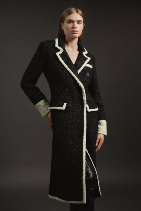 Women Ivory Tailoring Texture Metallic Contrast Tipped Double Breasted Tailored Midi Coat Karen Millen