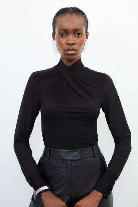 Women Jersey And Georgette Mix High Neck Top Karen Millen Light Blue Tops