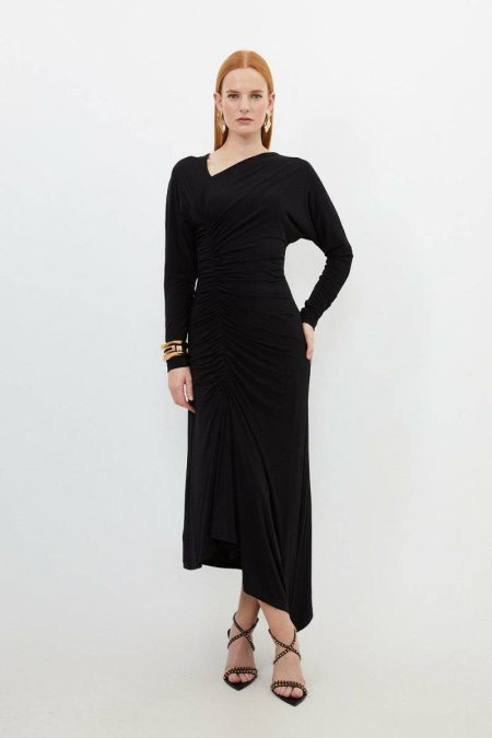 Women Jersey Crepe Ruched Long Sleeve Midi Dress Khaki Maxi Dresses Karen Millen