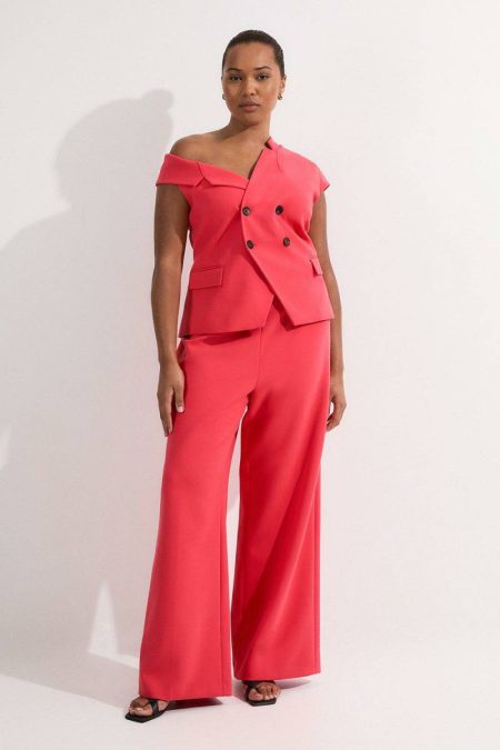Women Jumpsuits Pink Karen Millen Plus Size Compact Stretch Asymmetric Collar Wide Leg Tailored Jumpsuit
