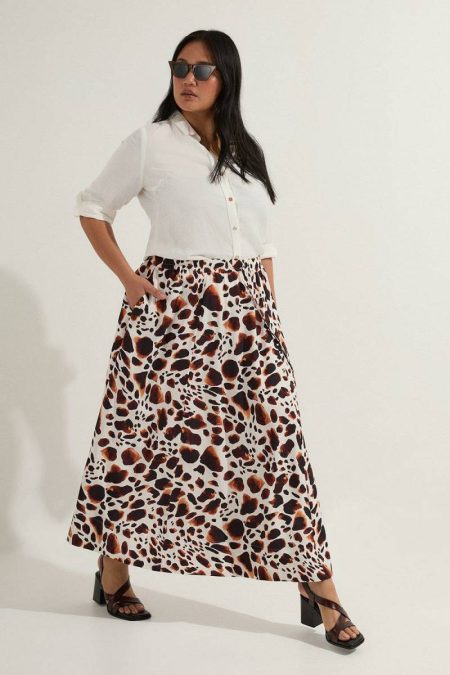 Women Karen Millen Animal Plus Size Premium Viscose Linen Tie Waist Woven Skirt Skirts