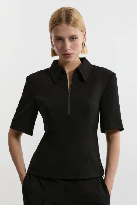 Women Karen Millen Camel Tops Compact Stretch Essential Tailored Collar Top