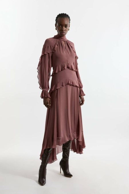 Women Karen Millen Dusty Rose Petite Viscose Georgette Ruffle Detail Drama Woven Dress Maxi Dresses