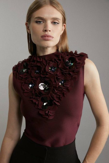 Women Karen Millen Figure Form Bandage Embellished Neck Knit Top Navy Tailoring