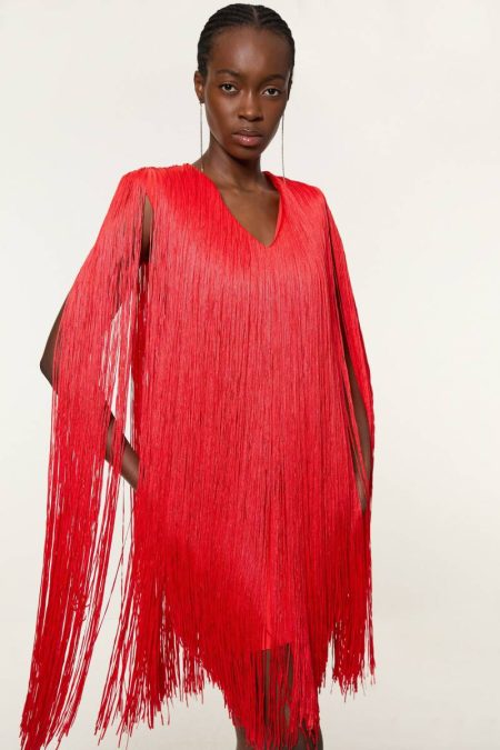 Women Karen Millen Figure Form Bandage Knit V Neck Fringe Mini Dress Mini Dresses Coral