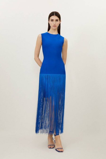 Women Karen Millen Figure Form Bandage Tassel Hem Knitted Dress Purple Midi Dresses