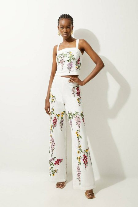 Women Karen Millen Floral Embroidered Cotton Linen Woven Strappy Top Floral Tops