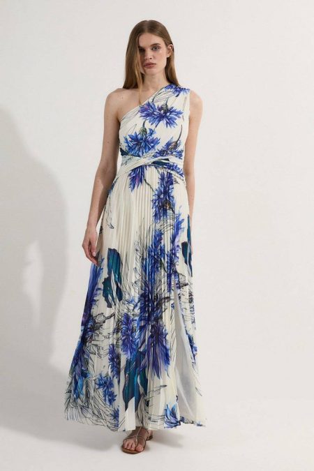 Women Karen Millen Floral Pleated Crinkle One Shoulder Cut Out Woven Maxi Dress Maxi Dresses Blue