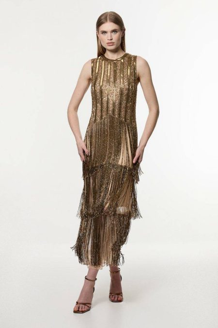 Women Karen Millen Gold Petite Embellished And Beaded Layered Fringing Woven Midi Dress Midi Dresses