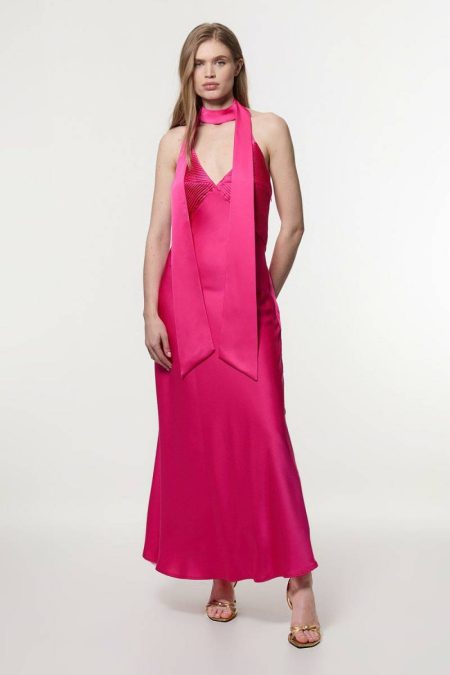 Women Karen Millen Hot Pink Maxi Dresses Halter Pleated Woven Maxi Dress