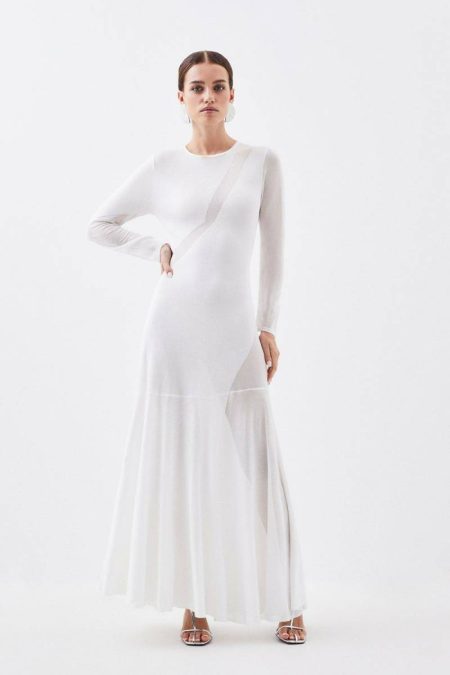 Women Karen Millen Ivory Tailoring Petite Viscose Blend Sheer Knit Panelled Maxi Dress