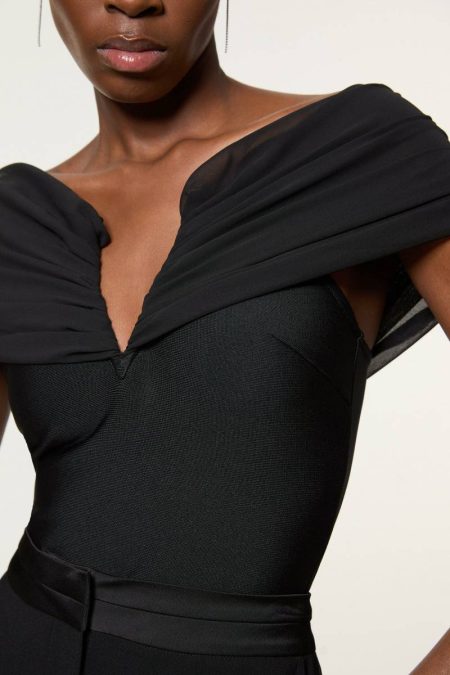 Women Karen Millen Knitwear Figure Form Bandage Knit Woven Off The Shoulder Top Black