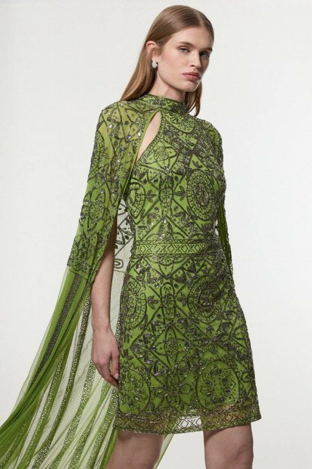 Women Karen Millen Lime Mini Dresses Petite Premium Beading And Embellished Cape Detail Woven Mini Dress
