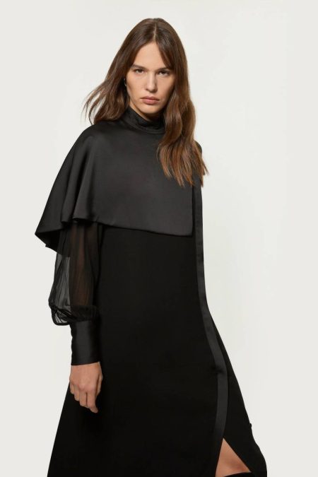Women Karen Millen Maxi Dresses Black Military Sheer Cape Detail Woven Midi Dress