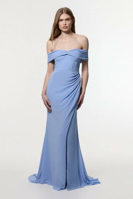 Women Karen Millen Maxi Dresses Georgette Pleated Bustier One Shoulder Drama Woven Maxi Dress Light Blue