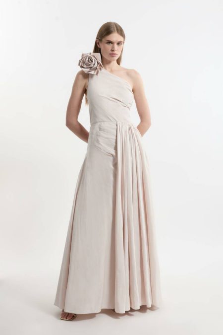 Women Karen Millen Maxi Dresses Petite Taffeta Rosette Neck Tailored Pleat Gathered Maxi Dress Blush