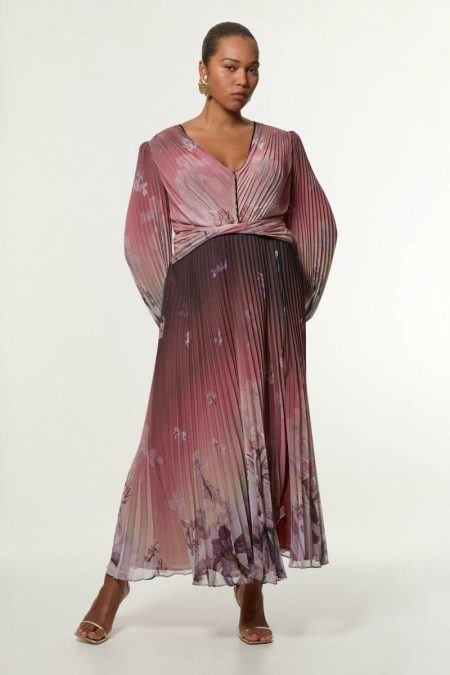 Women Karen Millen Maxi Dresses Plus Size Crinkle Pleat Border Floral Balloon Sleeve Woven Maxi Dress Floral